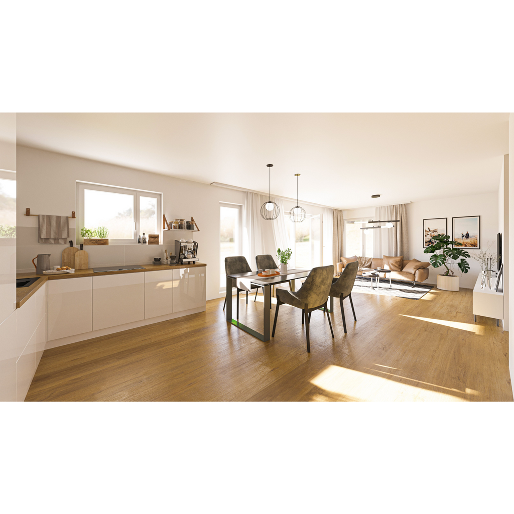 Modern eingerichtete Wohnung mit warmen Holztönen, großen Fenstern und viel natürlichem Sonnenlicht