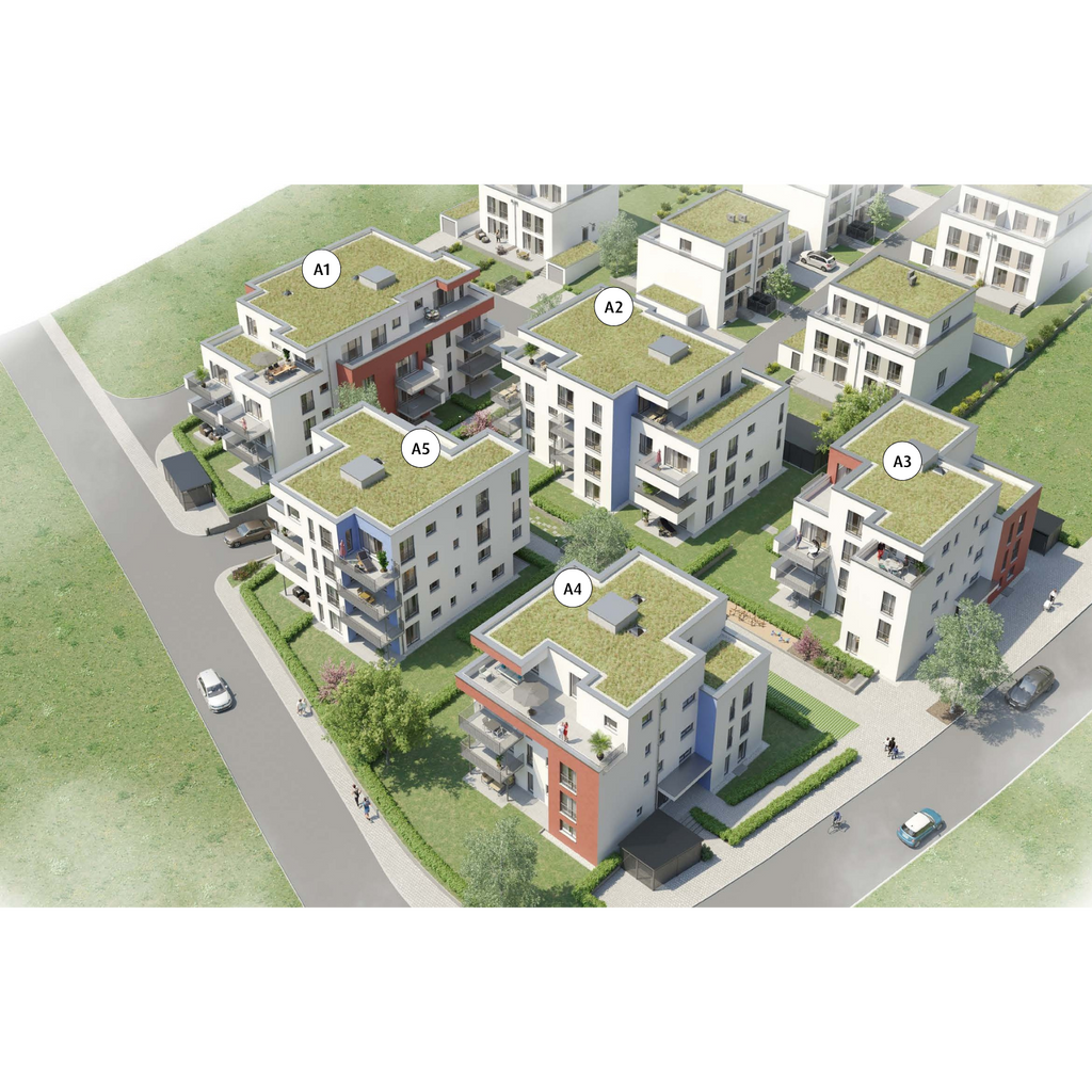 Winnenden-Höfen Mehrfamilienhäuser von oben mit viel Grünfläche, Terrasse und Beschriftung der Verscheiden Gebäude