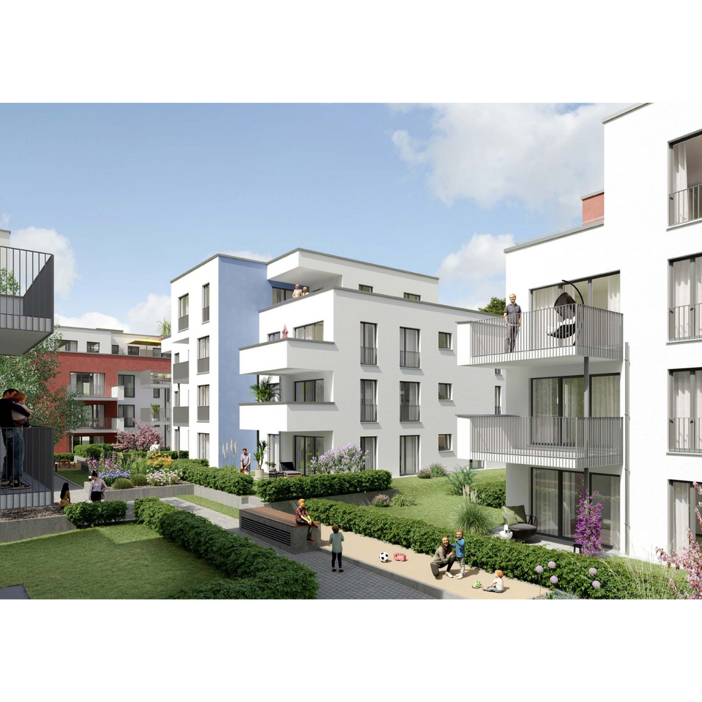 Moderne Wohnanlage Winnenden Höfe mit weißen Mehrfamilienhäusern, Balkonen, Gärten und spielenden Familien im Innenhof bei sonnigem Wetter