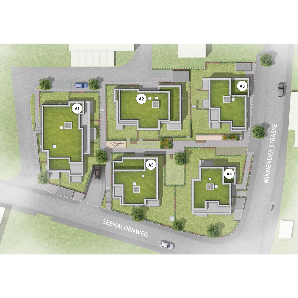 Übersichtskarte der Wohnanlage Winnenden-Höfen mit fünf Gebäuden A1 bis A5, grünen Dachflächen, angrenzenden Straßen Winnender Straße und Seehaldenweg, Parkplätzen und Gehwegen