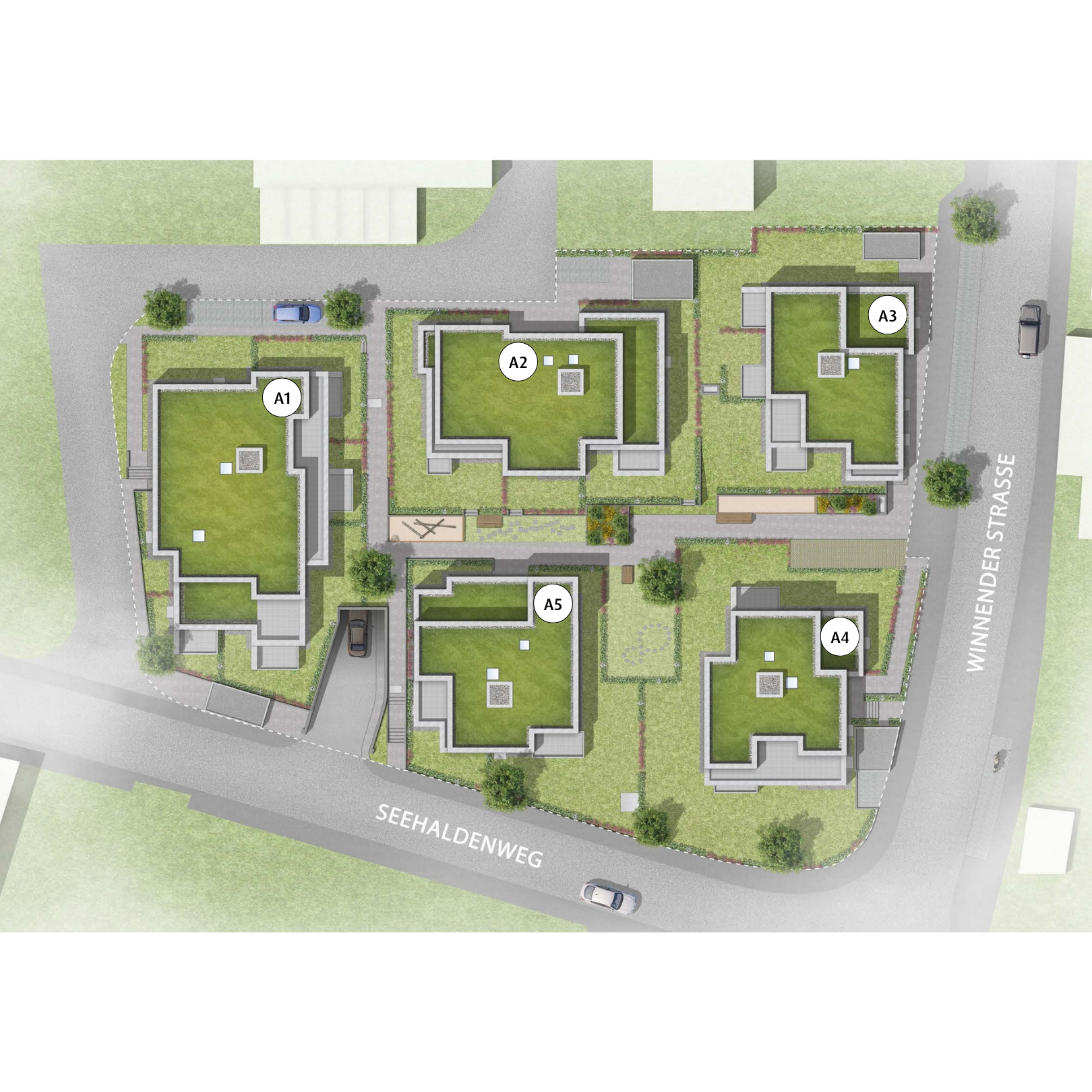 Übersichtskarte der Wohnanlage Winnenden-Höfen mit fünf Gebäuden A1 bis A5, grünen Dachflächen, angrenzenden Straßen Winnender Straße und Seehaldenweg, Parkplätzen und Gehwegen