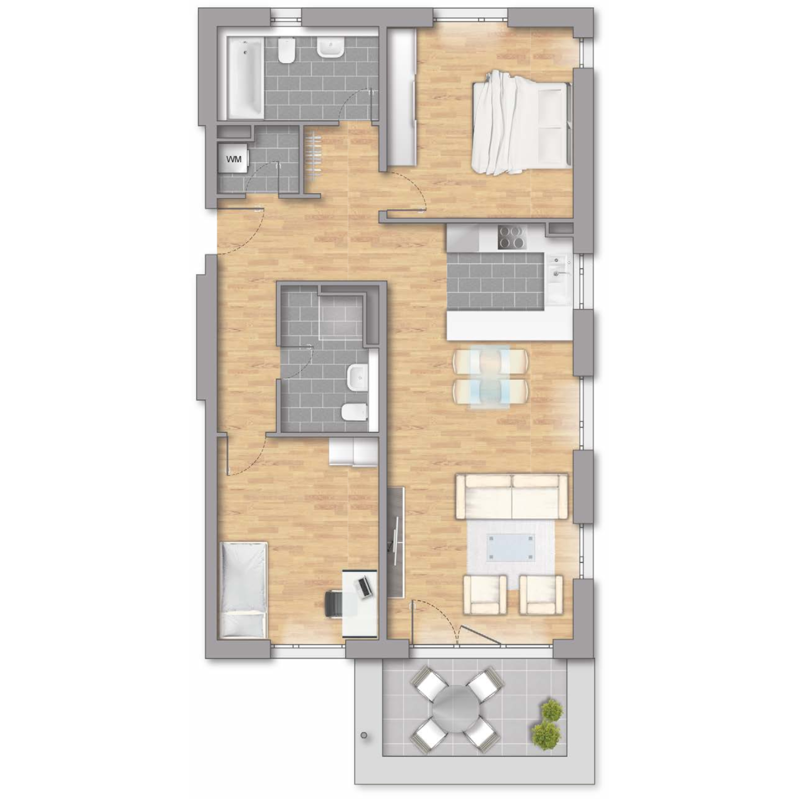 Skizze 3-Zimmer Wohnung mit Balkon: offenem Wohnbereich und zwei Badezimmern