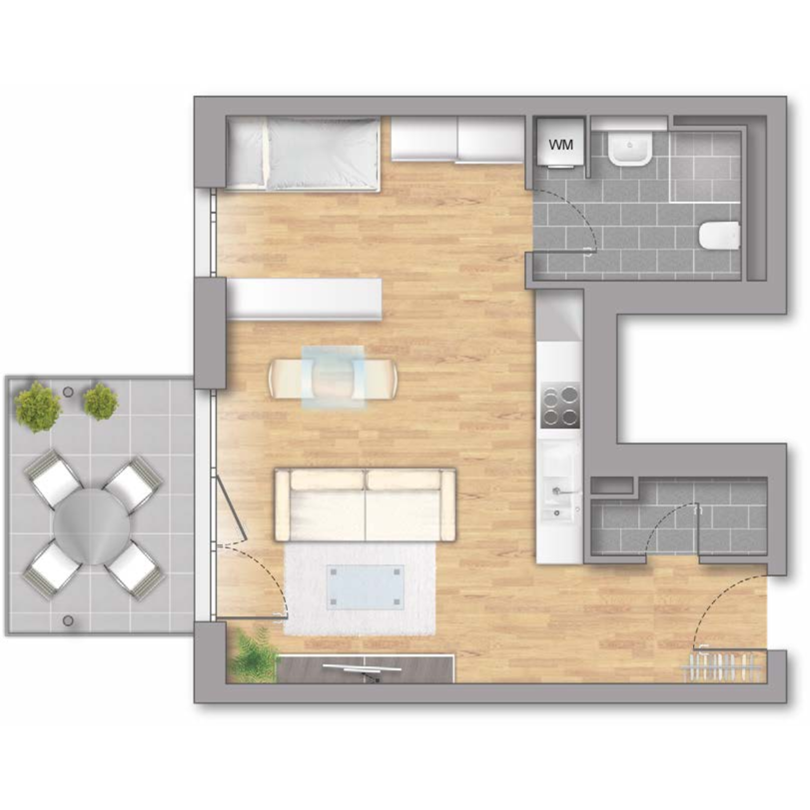  1-Zimmer-Wohnung mit Balkon und einem offenen Wohnbereich 