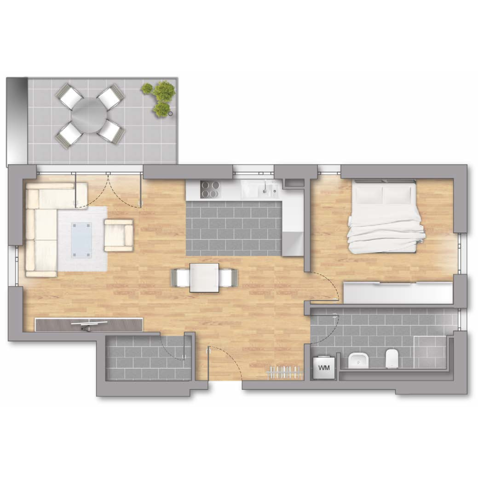 Skizze 2-Zimmer-Wohnung mit einem Balkon