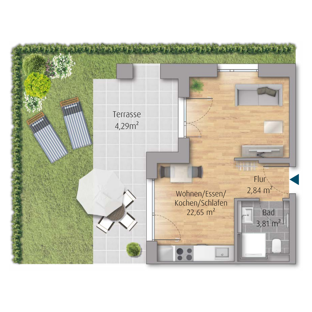 1-Zimmer-Wohnung in Köngen mit 33,60 m² inkl. Terrasse & Garten (C1.01)