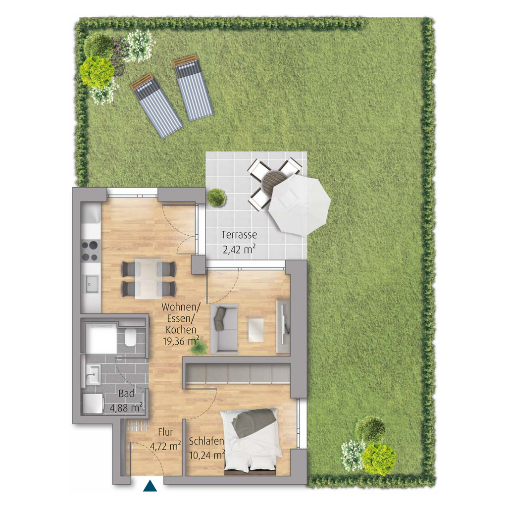 2-Zimmer-Wohnung in Köngen mit 41,63 m² inkl. Terrasse & Garten (E.01)