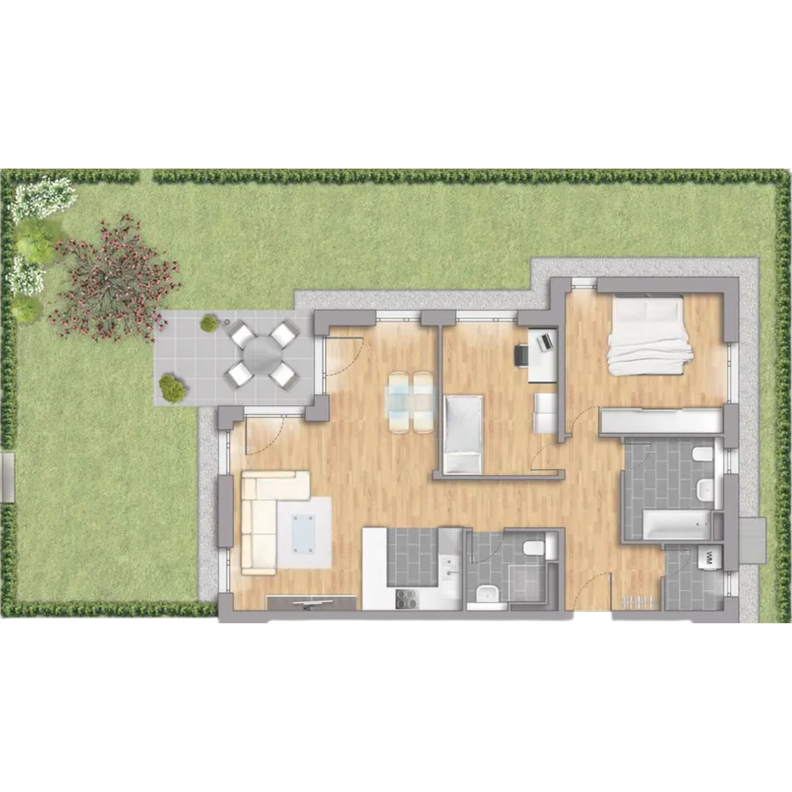 Skizze 3-Zimmer-Wohnung mit einem großen Garten, 2-Badezimmern und einem offenen Wohnbereich
