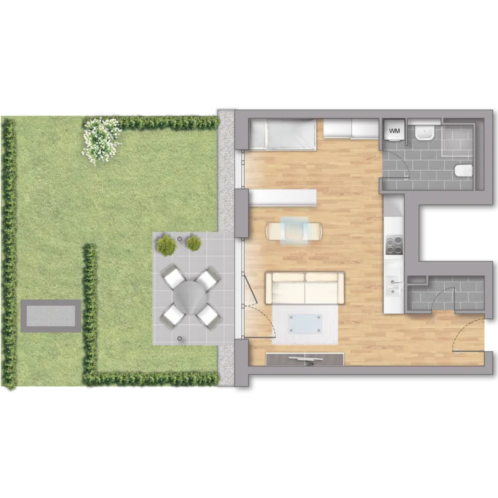 Skizze  helle 1-Zimmer-Wohnung mit einem großen Garten und einem offenen Wohnbereich 