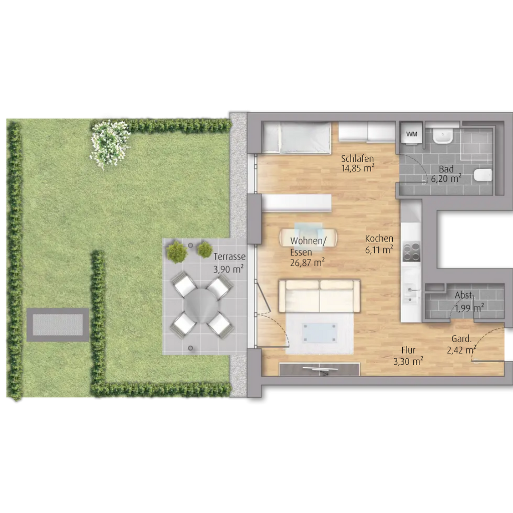 Helle 1-Zimmer-Erdgeschosswohnung in Winnenden mit privatem Garten (A3.26)