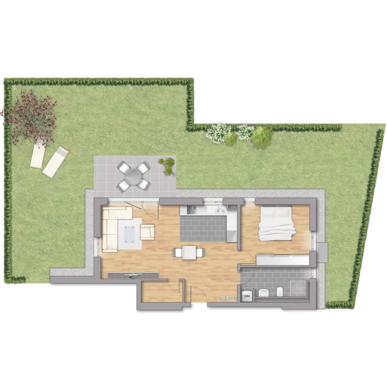 Skizze 2-Zimmer-Wohnung mit einem großen Garten rund um die Wohnung