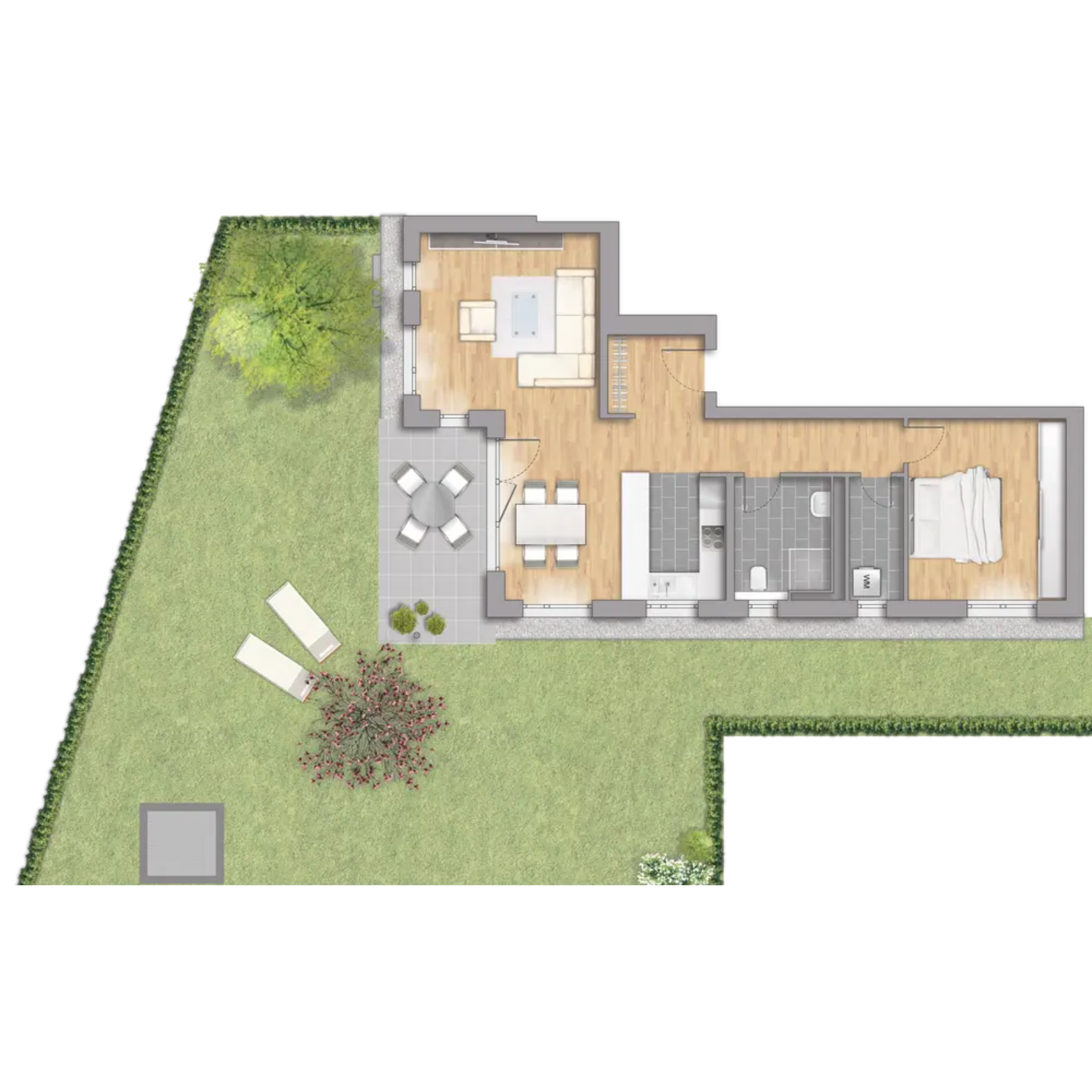 Skizze 2-Zimmer-Wohnung mit einem großen Garten