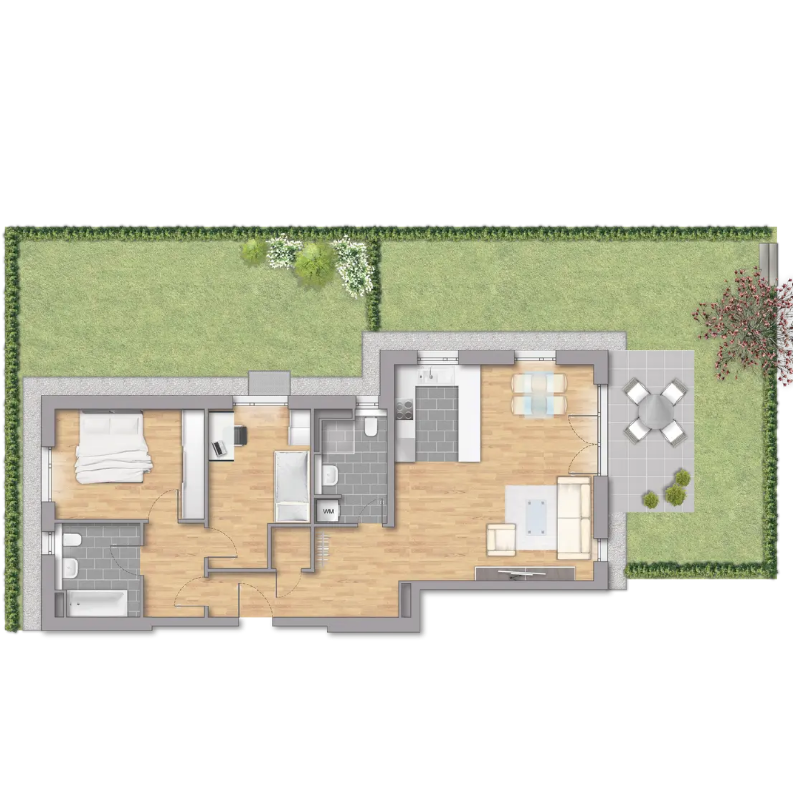 Skizze Moderne 3-Zimmer-Wohnung mit einem großen Garten