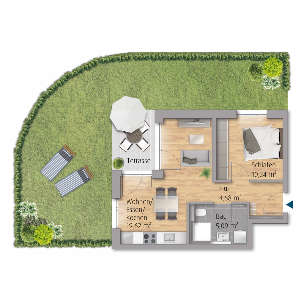 2-Zimmer-Gartenwohnung in Köngen 41,24 m² (A.01)