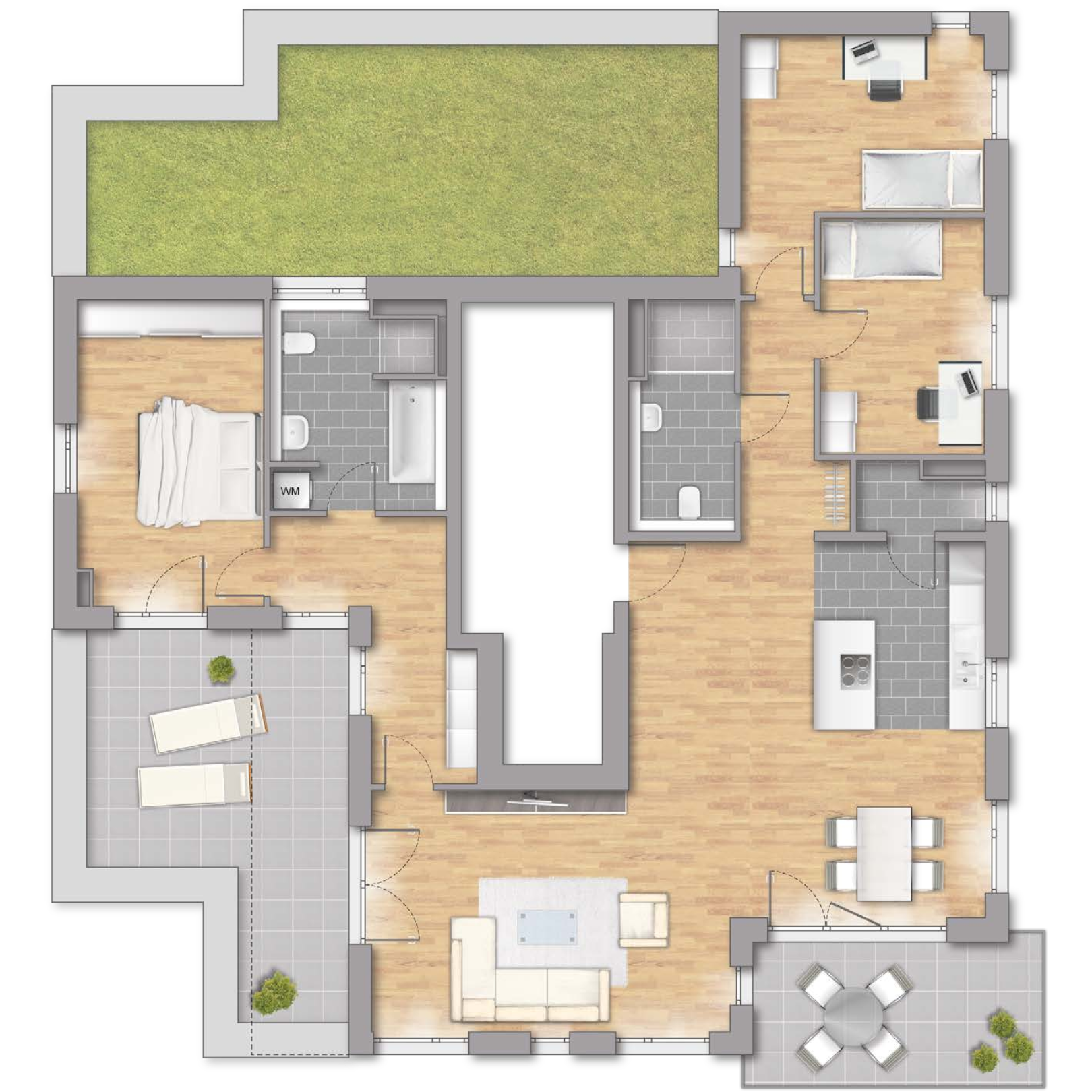 Skizze Penthouse mit 4-Zimmern, Balkon, Terrasse und Garten